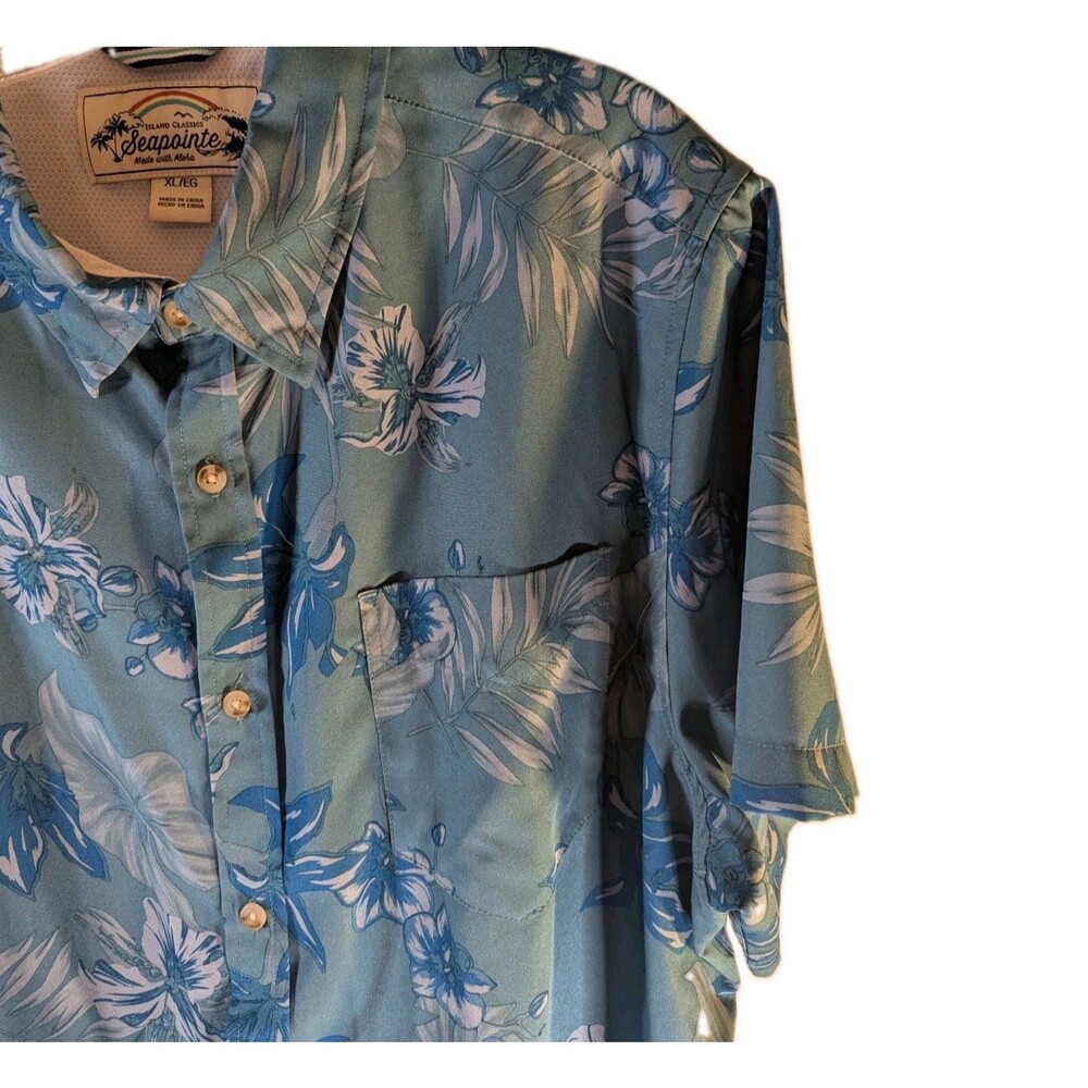 Seapointe Shirt Men's XLarge Blue Hawaiian Button Down Short Sleeve Polyester